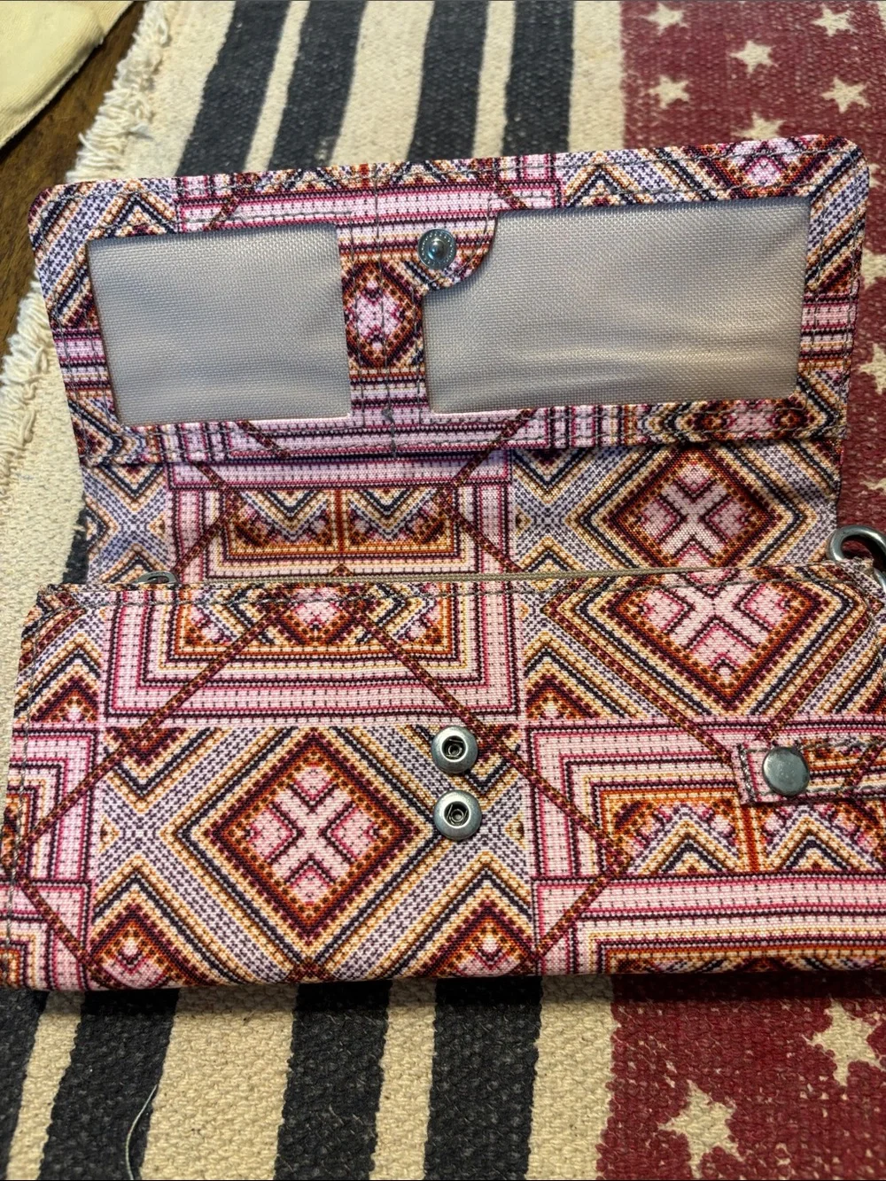 Kipling Pink and Orange Geometric Wristlet Wallet with Monkey Charm